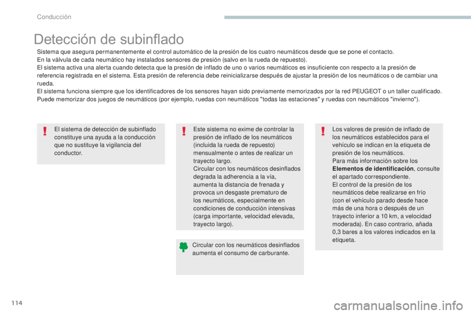 PEUGEOT 4008 2017  Manual del propietario (in Spanish) 114
4008_es_Chap04_conduite_ed01-2016
El sistema de detección de subinflado 
constituye una ayuda a la conducción 
que no sustituye la vigilancia del 
c o n d u c t o r.
Detección de subinflado
Sis