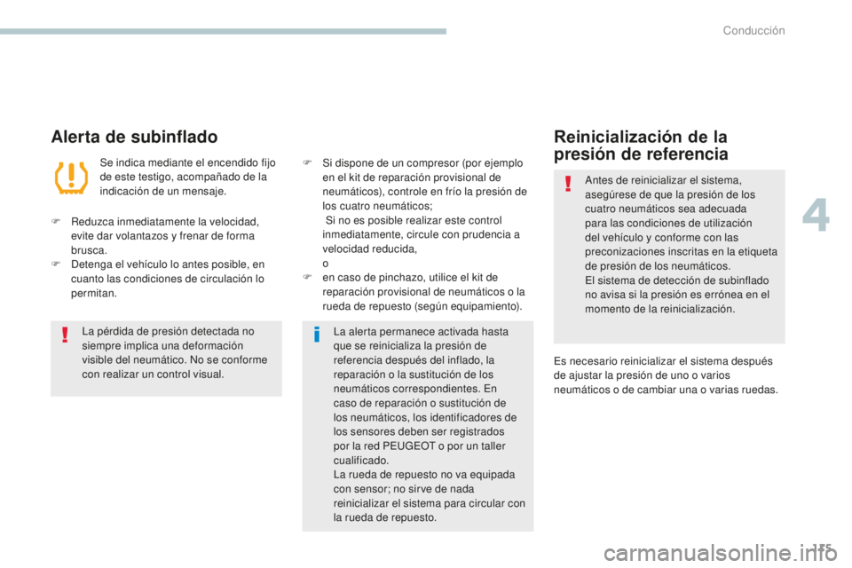 PEUGEOT 4008 2017  Manual del propietario (in Spanish) 115
4008_es_Chap04_conduite_ed01-2016
Alerta de subinflado
Se indica mediante el encendido fijo 
de este testigo, acompañado de la 
indicación de un mensaje.
F
 
R

eduzca inmediatamente la velocida