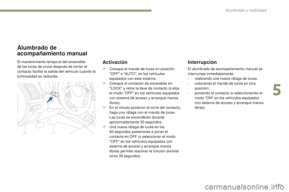 PEUGEOT 4008 2017  Manual del propietario (in Spanish) 131
4008_es_Chap05_Eclairage-et-visibilite_ed01-2016
Interrupción
El alumbrado de acompañamiento manual se 
interrumpe inmediatamente:
- 
r
 ealizando una nueva ráfaga de luces;
-
 
c
 olocando el 