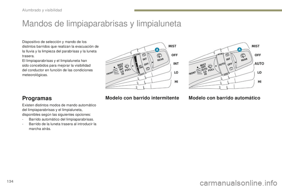 PEUGEOT 4008 2017  Manual del propietario (in Spanish) 134
4008_es_Chap05_Eclairage-et-visibilite_ed01-2016
Dispositivo de selección y mando de los 
distintos barridos que realizan la evacuación de 
la lluvia y la limpieza del parabrisas y la luneta 
tr