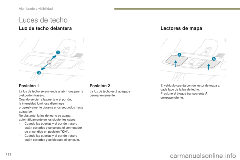 PEUGEOT 4008 2017  Manual del propietario (in Spanish) 138
4008_es_Chap05_Eclairage-et-visibilite_ed01-2016
Luces de techo
Luz de techo delantera
Posición 1
La luz de techo se enciende al abrir una puerta 
o el portón trasero.
Cuando se cierra la puerta