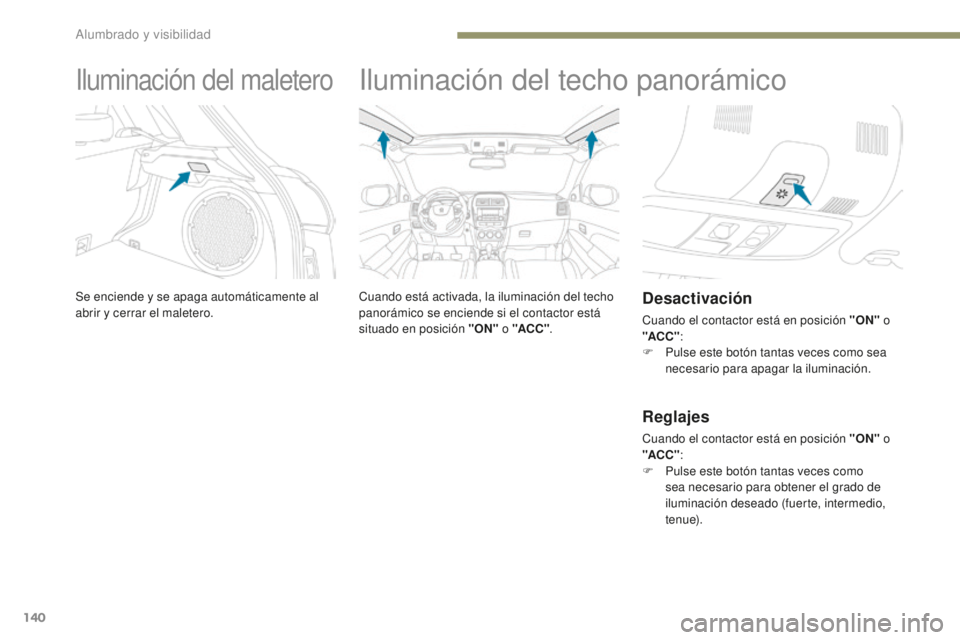 PEUGEOT 4008 2017  Manual del propietario (in Spanish) 140
4008_es_Chap05_Eclairage-et-visibilite_ed01-2016
Iluminación del maletero
Se enciende y se apaga automáticamente al 
abrir y cerrar el maletero.
Iluminación del techo panorámico
Cuando está a