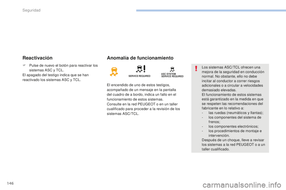 PEUGEOT 4008 2017  Manual del propietario (in Spanish) 146
4008_es_Chap06_securite_ed01-2016
ReactivaciónAnomalía de funcionamiento
El encendido de uno de estos testigos, 
acompañado de un mensaje en la pantalla 
del cuadro de a bordo, indica un fallo 