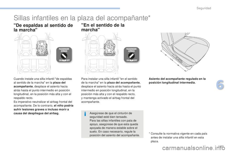 PEUGEOT 4008 2017  Manual del propietario (in Spanish) 157
4008_es_Chap06_securite_ed01-2016
Sillas infantiles en la plaza del acompañante*
"De espaldas al sentido de 
la marcha""En el sentido de la 
marcha"
Cuando instale una silla infan