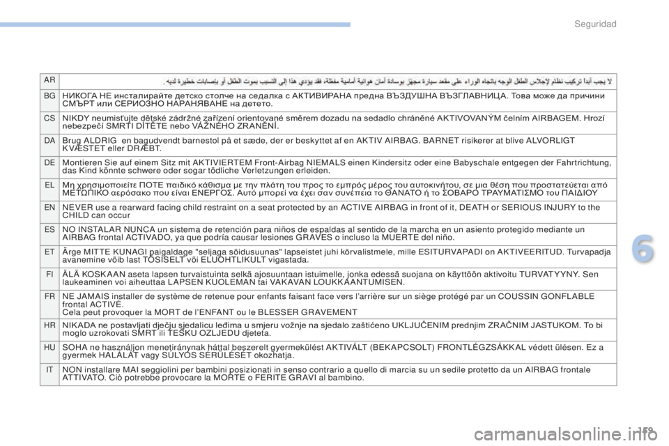PEUGEOT 4008 2017  Manual del propietario (in Spanish) 159
AR
BG
НИКОГА НЕ инсталирайте детско столче на седалка с АКТИВИРАНА предна ВЪЗДУШНА ВЪЗГЛАВНИЦ А. Това може да
