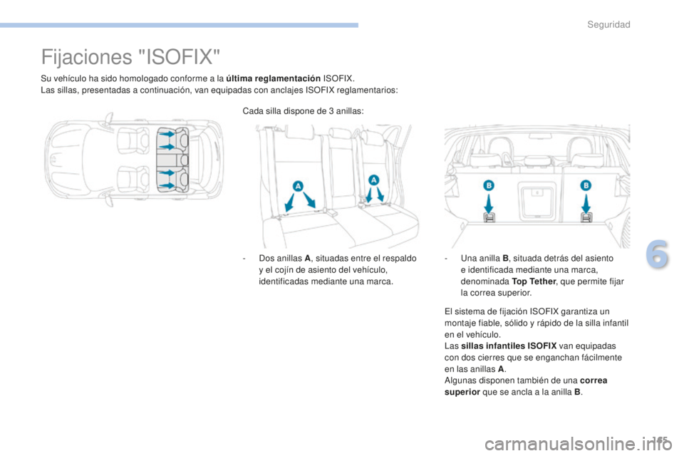 PEUGEOT 4008 2017  Manual del propietario (in Spanish) 165
4008_es_Chap06_securite_ed01-2016
Fijaciones "ISOFIX"
Su vehículo ha sido homologado conforme a la última reglamentación ISOFIX.
Las sillas, presentadas a continuación, van equipadas c