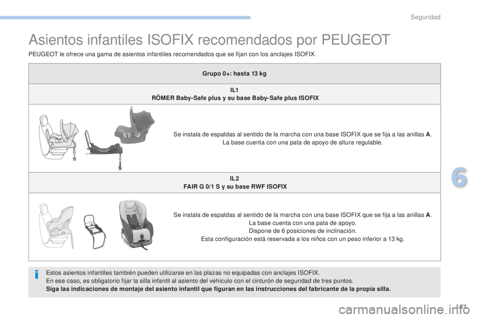 PEUGEOT 4008 2017  Manual del propietario (in Spanish) 167
4008_es_Chap06_securite_ed01-2016
Asientos infantiles ISOFIX recomendados por PEUGEOT
Estos asientos infantiles también pueden utilizarse en las plazas no equipadas con anclajes ISOFIX.
En ese ca