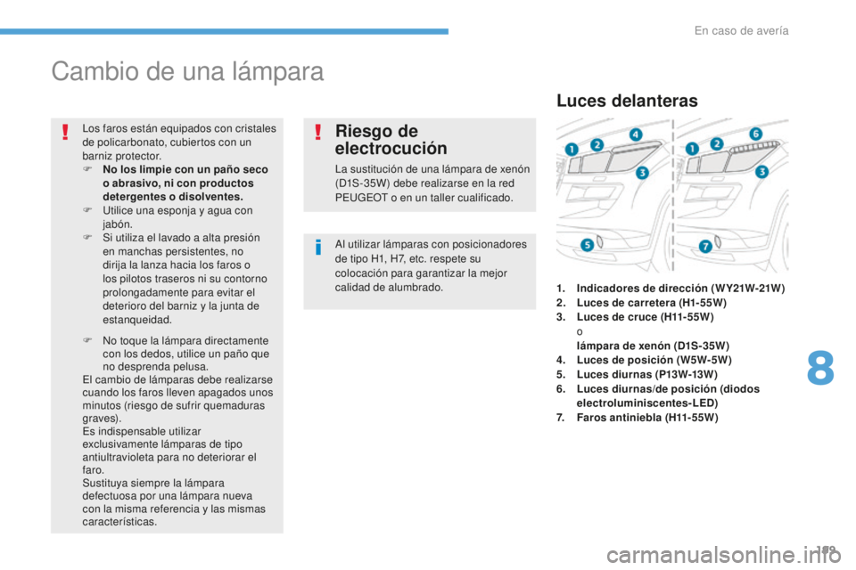 PEUGEOT 4008 2017  Manual del propietario (in Spanish) 199
4008_es_Chap08_En-cas-de panne_ed01-2016
Cambio de una lámpara
Al utilizar lámparas con posicionadores 
de tipo H1, H7, etc. respete su 
colocación para garantizar la mejor 
calidad de alumbrad