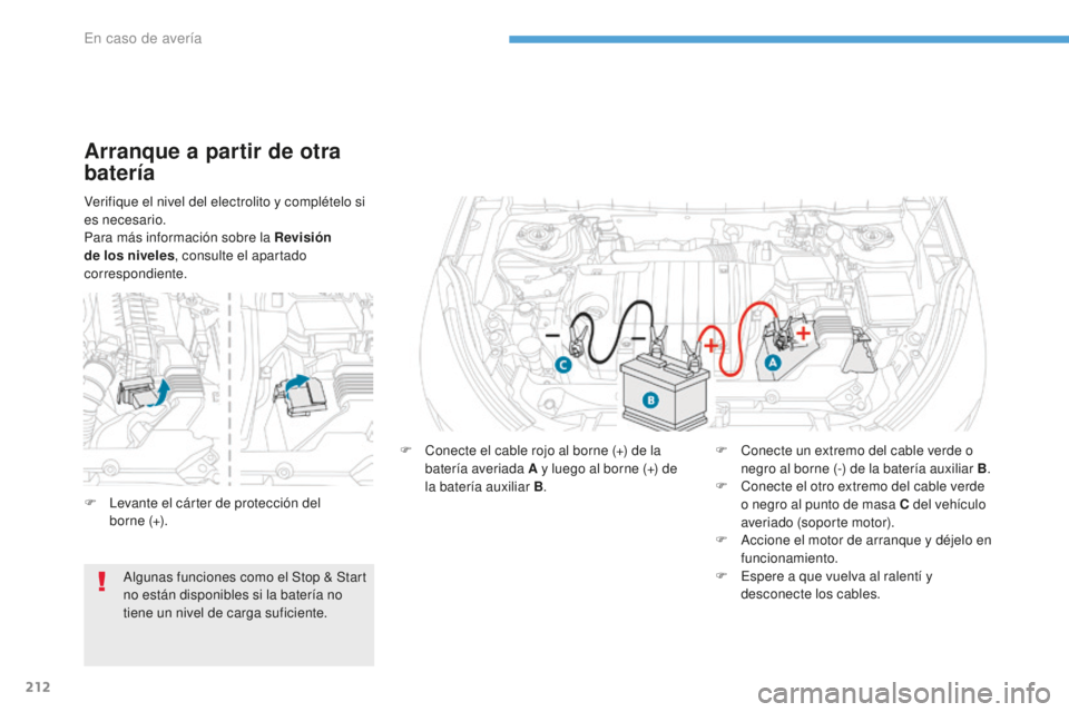 PEUGEOT 4008 2017  Manual del propietario (in Spanish) 212
4008_es_Chap08_En-cas-de panne_ed01-2016
Verifique el nivel del electrolito y complételo si 
es necesario.
Para más información sobre la Revisión 
de los niveles, consulte el apartado 
corresp