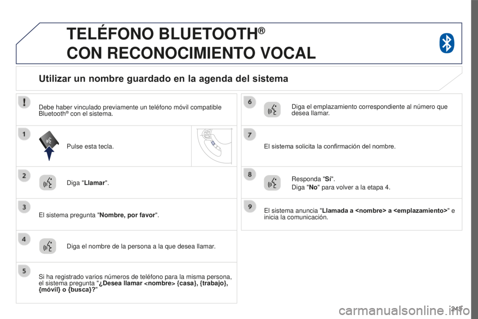 PEUGEOT 4008 2017  Manual del propietario (in Spanish) 243
4008_es_Chap10a_Mitsu3_ed01-2016
TELÉFONO BLUETOOTH®  
CON

 
RECONOCIMIENTO
 
VOCAL
Diga "Llamar".
El sistema pregunta " Nombre, por favor".
Utilizar un nombre guardado en la ag