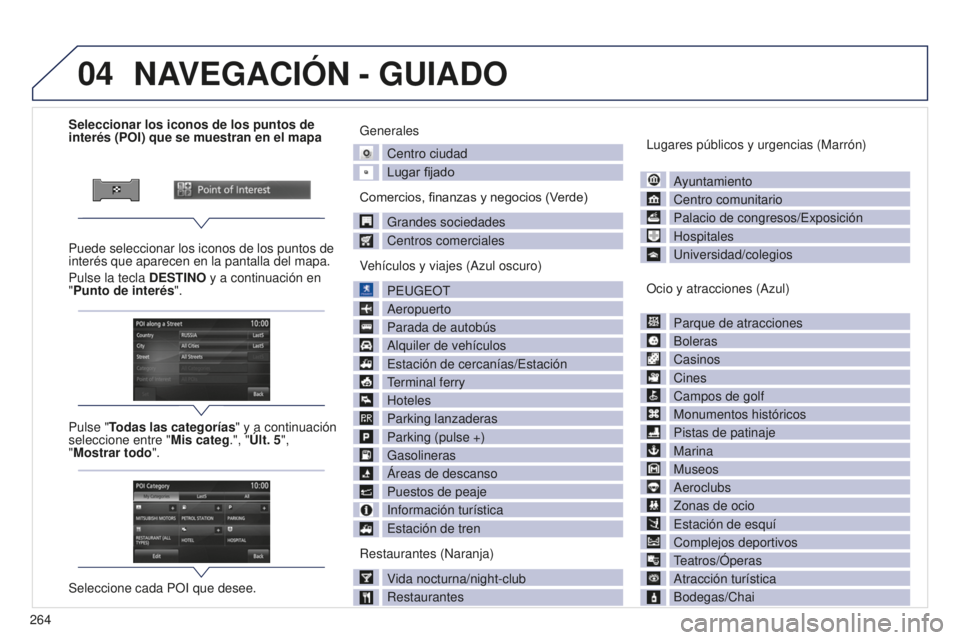 PEUGEOT 4008 2017  Manual del propietario (in Spanish) 04
264
4008_ES_CHAP10B_MITSU6_ED01-2016
Seleccionar los iconos de los puntos de 
interés (POI) que se muestran en el mapa
Puede seleccionar los iconos de los puntos de 
interés que aparecen en la pa