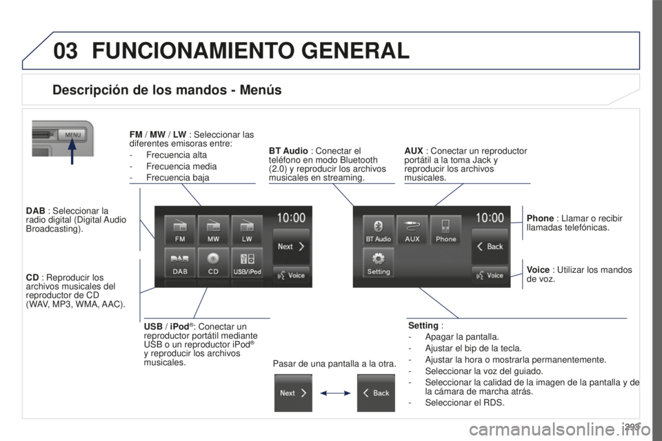 PEUGEOT 4008 2017  Manual del propietario (in Spanish) 03
293
4008_es_Chap10c_Mitsu5_ed01-2016
FUNCIONAMIENTO GENERAL
Descripción de los mandos - Menús
Setting :
- 
Apagar la pantalla.
-

 
Ajustar el bip de la tecla.
-

 
Ajustar la hora o mostrarla pe