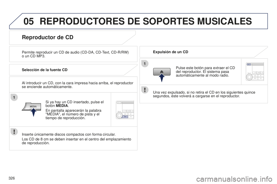 PEUGEOT 4008 2017  Manual del propietario (in Spanish) 05
326
4008_es_Chap10d_Mitsu4_ed01-2016
REPRODUCTORES DE SOPORTES MUSICALES
Permite reproducir un CD de audio (CD-DA, CD-Text, CD-R/RW)  
o un CD MP3.Expulsión de un CD
Reproductor de CD
Selección d