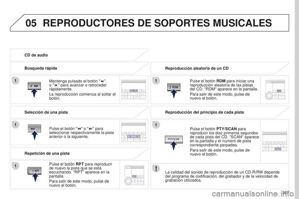 PEUGEOT 4008 2017  Manual del propietario (in Spanish) 05
327
4008_es_Chap10d_Mitsu4_ed01-2016
REPRODUCTORES DE SOPORTES MUSICALES
Reproducción aleatoria de un CDPulse el botón  RDM para iniciar una 
reproducción aleatoria de las pistas 
del CD. "R