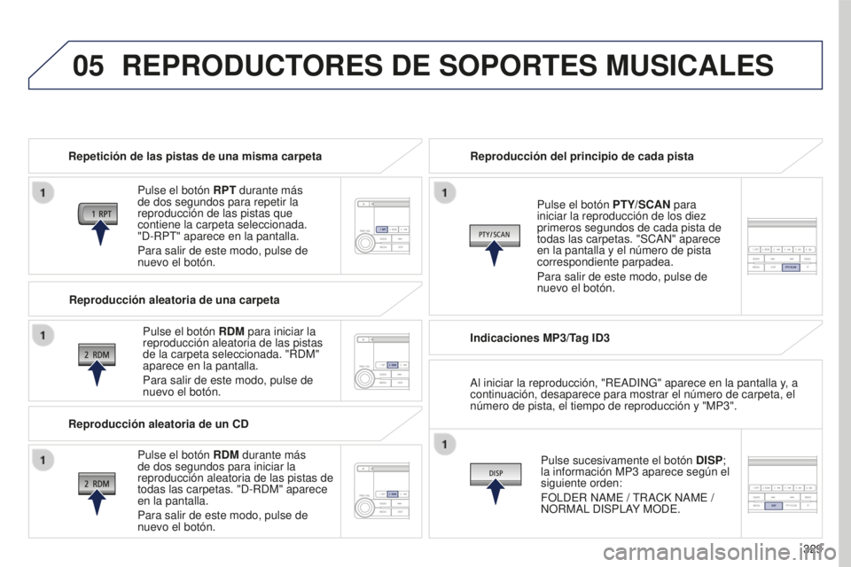 PEUGEOT 4008 2017  Manual del propietario (in Spanish) 05
329
4008_es_Chap10d_Mitsu4_ed01-2016
REPRODUCTORES DE SOPORTES MUSICALES
Repetición de las pistas de una misma carpetaPulse el botón  RPT durante más 
de dos segundos para repetir la 
reproducci