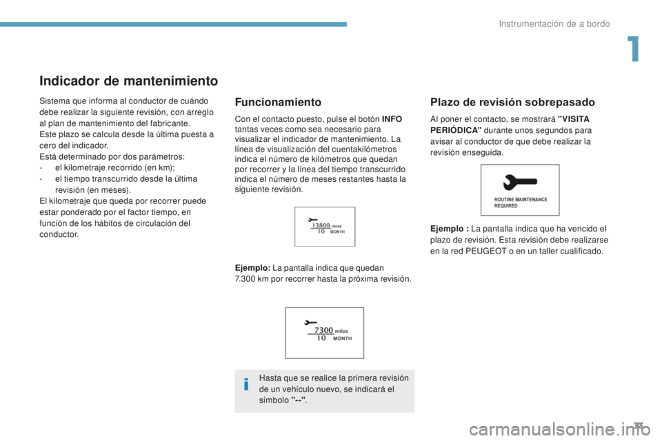 PEUGEOT 4008 2017  Manual del propietario (in Spanish) 33
4008_es_Chap01_Instruments-de-bord_ed01-2016
Indicador de mantenimiento
Sistema que informa al conductor de cuándo 
debe realizar la siguiente revisión, con arreglo 
al plan de mantenimiento del 