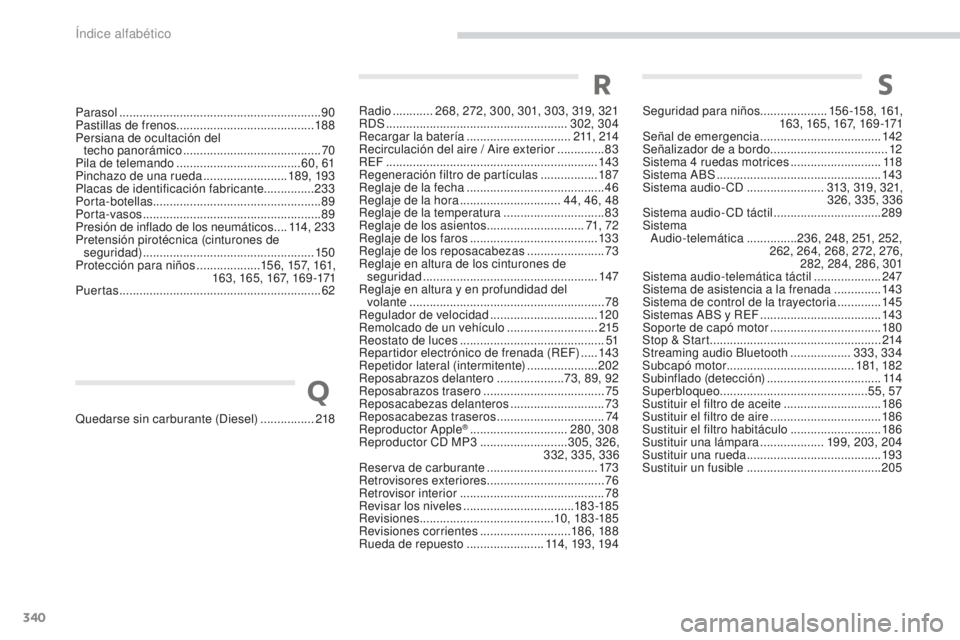 PEUGEOT 4008 2017  Manual del propietario (in Spanish) 340
4008_es_Chap11_index-alpha_ed01-2016
Radio ............ 268, 272, 300, 301, 303, 319, 321
RDS  ...................................................... 302, 304
Recargar la batería
 ...............