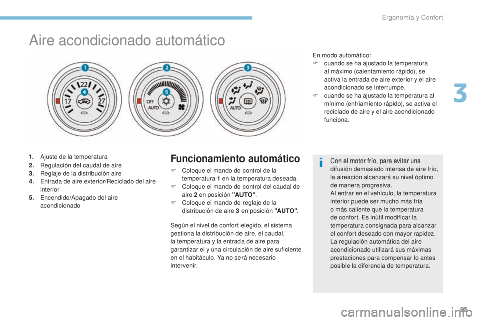 PEUGEOT 4008 2017  Manual del propietario (in Spanish) 83
4008_es_Chap03_Ergonomie-et-confort_ed01-2016
Aire acondicionado automático
1. Ajuste de la temperatura
2. Regulación del caudal de aire
3.
 R

eglaje de la distribución aire
4.
 E

ntrada de ai