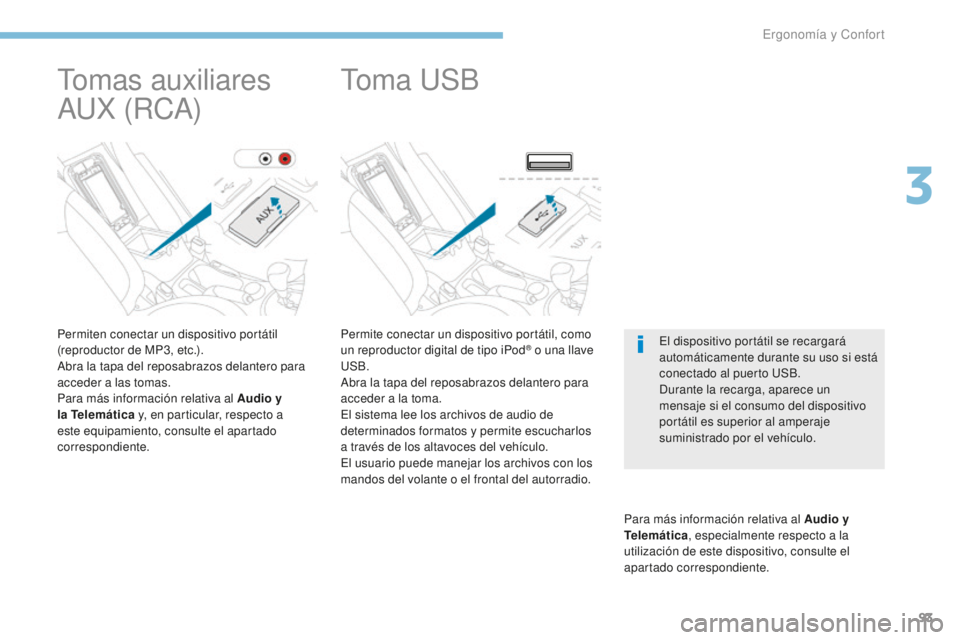 PEUGEOT 4008 2017  Manual del propietario (in Spanish) 93
4008_es_Chap03_Ergonomie-et-confort_ed01-2016
Permite conectar un dispositivo portátil, como 
un reproductor digital de tipo iPod® o una llave 
USB.
Abra la tapa del reposabrazos delantero para 
