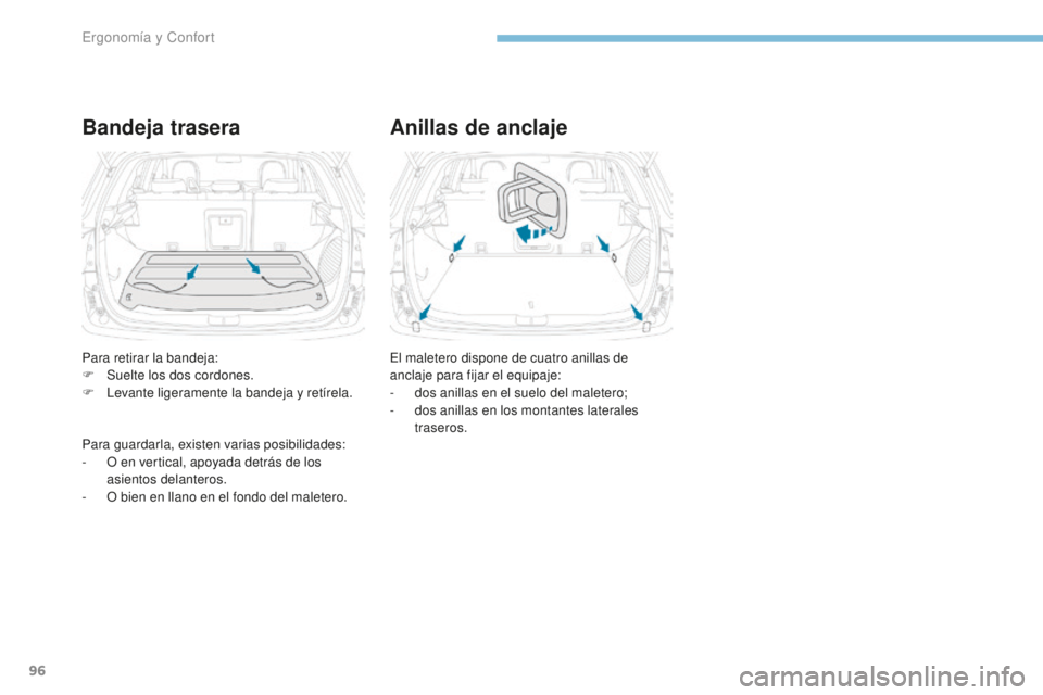 PEUGEOT 4008 2017  Manual del propietario (in Spanish) 96
4008_es_Chap03_Ergonomie-et-confort_ed01-2016
Bandeja traseraAnillas de anclaje
El maletero dispone de cuatro anillas de 
anclaje para fijar el equipaje:
-
 
d
 os anillas en el suelo del maletero;