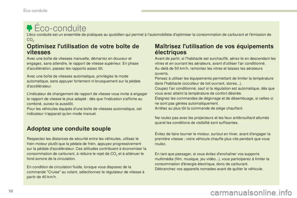 PEUGEOT 4008 2017  Manuel du propriétaire (in French) 10
Éco-conduiteL'éco-conduite est un ensemble de pratiques au quotidien qui permet à l'automobiliste d'optimiser la consommation de carburant et l'émission de 
CO
2.
Optimisez l