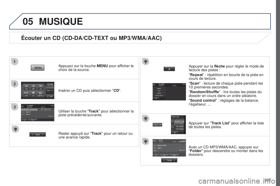 PEUGEOT 4008 2017  Manuel du propriétaire (in French) 05
305
Écouter un CD (CD-DA/CD-TEXT ou MP3/WMA/AAC)
Insérer un CD puis sélectionner "CD".
Appuyez sur la touche 
MENU pour afficher le 
choix de la source.
Utiliser la touche " Track