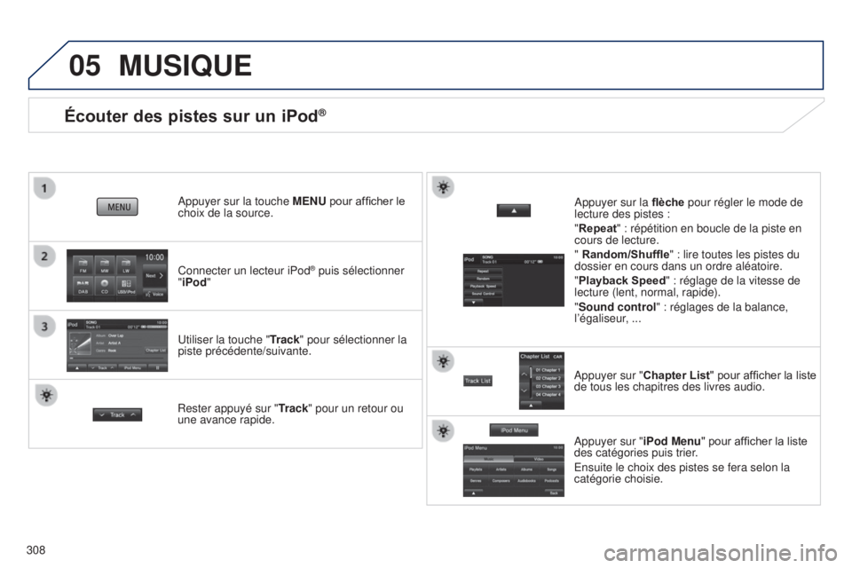 PEUGEOT 4008 2017  Manuel du propriétaire (in French) 05
308
Écouter des pistes sur un iPod®
Connecter un lecteur iPod® puis sélectionner 
"iPod "
Appuyer sur la touche 
MENU pour afficher le 
choix de la source.
Utiliser la touche " Trac