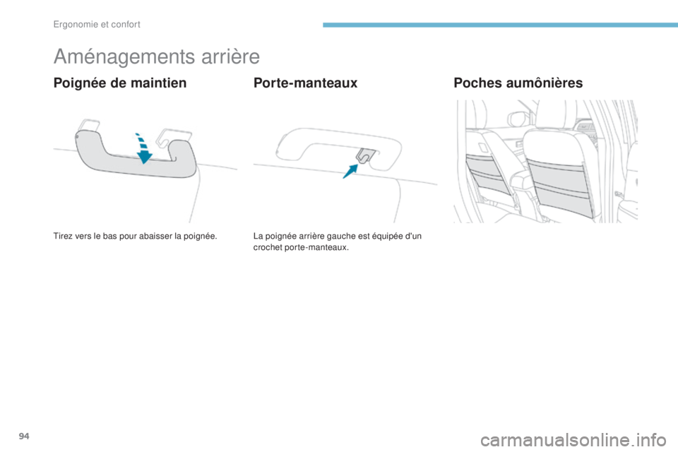 PEUGEOT 4008 2017  Manuel du propriétaire (in French) 94
Aménagements arrière
Tirez vers le bas pour abaisser la poignée.
Poignée de maintien
La poignée arrière gauche est équipée d'un 
crochet porte-manteaux.
Porte-manteauxPoches aumônière