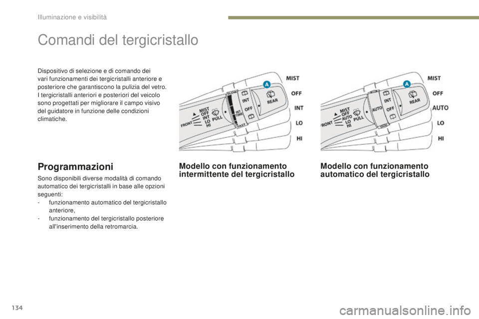 PEUGEOT 4008 2017  Manuale duso (in Italian) 134
4008_it_Chap05_Eclairage-et-visibilite_ed01-2016
Dispositivo di selezione e di comando dei 
vari funzionamenti dei tergicristalli anteriore e 
posteriore che garantiscono la pulizia del vetro.
I t