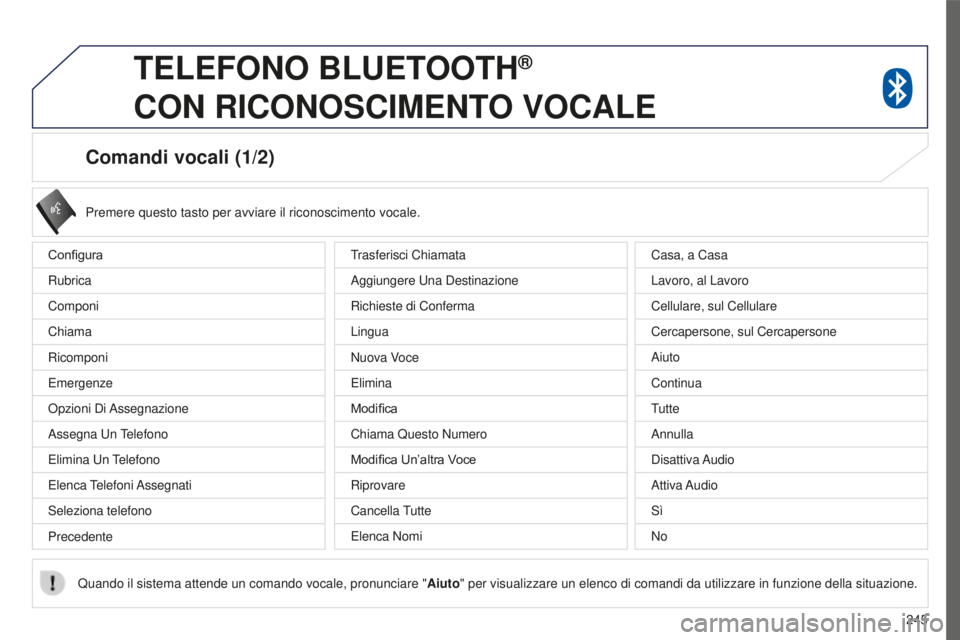 PEUGEOT 4008 2017  Manuale duso (in Italian) 245
4008_it_Chap10a_Mitsu3_ed01-2016
Comandi vocali (1/2)
Configura
Rubrica
Componi
Chiama
Ricomponi
Emergenze
Opzioni  Di Assegnazione
Assegna Un Telefono
Elimina Un Telefono
Elenca Telefoni Assegnat