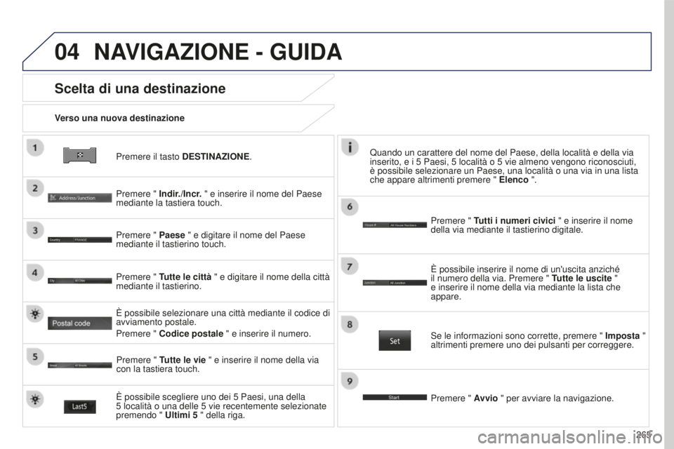 PEUGEOT 4008 2017  Manuale duso (in Italian) 04
265
4008_IT_CHAP10B_MITSU6_ED01-2016
Premere il tasto DESTINAZIONE.
Verso una nuova destinazione
Scelta di una destinazione
Premere " Indir./Incr. " e inserire il nome del Paese 
mediante l