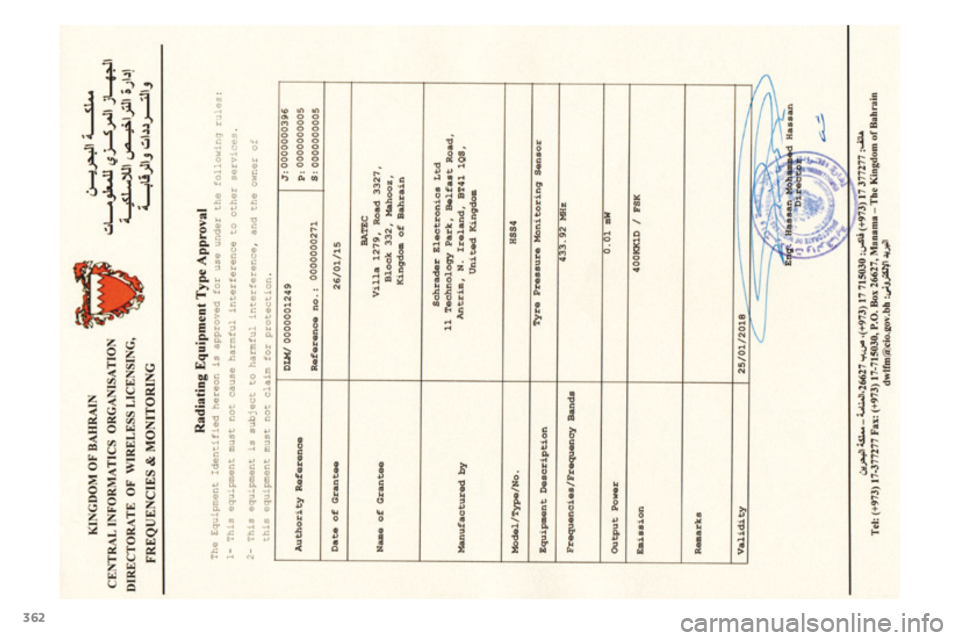 PEUGEOT 4008 2017  Manuale duso (in Italian) 362
4008_it_Chap12_certificats_ed01-2016  