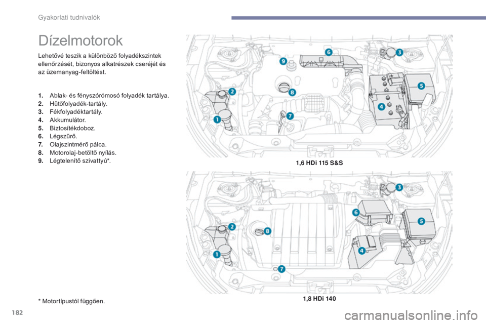 PEUGEOT 4008 2017  Kezelési útmutató (in Hungarian) 182
4008_hu_Chap07_info-pratiques_ed01-2016
Lehetővé teszik a különböző folyadékszintek 
ellenőrzését, bizonyos alkatrészek cseréjét és 
az üzemanyag-feltöltést.
Dízelmotorok
1. Abla