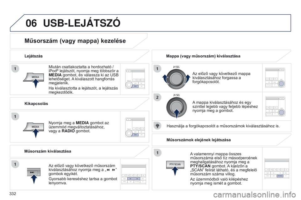PEUGEOT 4008 2017 Kezelési útmutató (in Hungarian) 06
332
4008_hu_Chap10d_Mitsu4_ed01-2016
Miután csatlakoztatta a hordozható /
iPod® lejátszót, nyomja meg többször a
MEDIA gombot, és válassza ki az USB
lehetőséget. A kiválaszott hangfo PEUGEOT 4008 2017 Kezelési útmutató (in Hungarian) 06
332
4008_hu_Chap10d_Mitsu4_ed01-2016
Miután csatlakoztatta a hordozható /
iPod® lejátszót, nyomja meg többször a
MEDIA gombot, és válassza ki az USB
lehetőséget. A kiválaszott hangfo