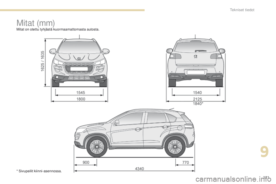 PEUGEOT 4008 2017  Omistajan Käsikirja (in Finnish) 231
4008_fi_Chap09_caracteristiques-techniques_ed01-2016
M i t at  (m m)Mitat on otettu tyhjästä kuormaamattomasta autosta.
* Sivupeilit kiinni-asennossa.
9 
Tekniset tiedot  