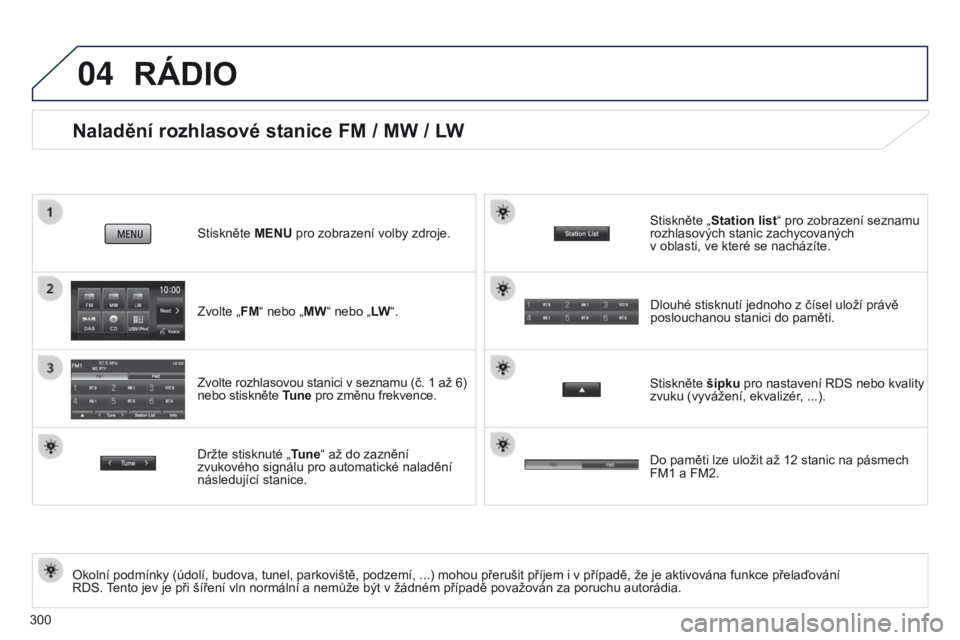 PEUGEOT 4008 2017  Návod na použití (in Czech) 04
300
Naladění rozhlasové stanice FM / MW / LW
Okolní podmínky (údolí, budova, tunel, parkoviště, podzemí, ...) mohou přerušit příjem i v případě, že je aktivována funkce přelaďo
