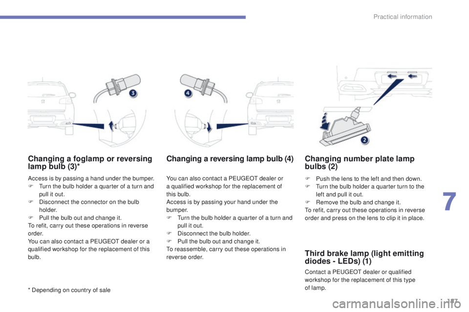 PEUGEOT 4008 2014.5  Owners Manual 187
Changing a foglamp or reversing 
lamp bulb (3)*
Access is by passing a hand under the bumper.
F  tu rn the bulb holder a quarter of a turn and 
pull it out.
F
 
D
 isconnect the connector on the b