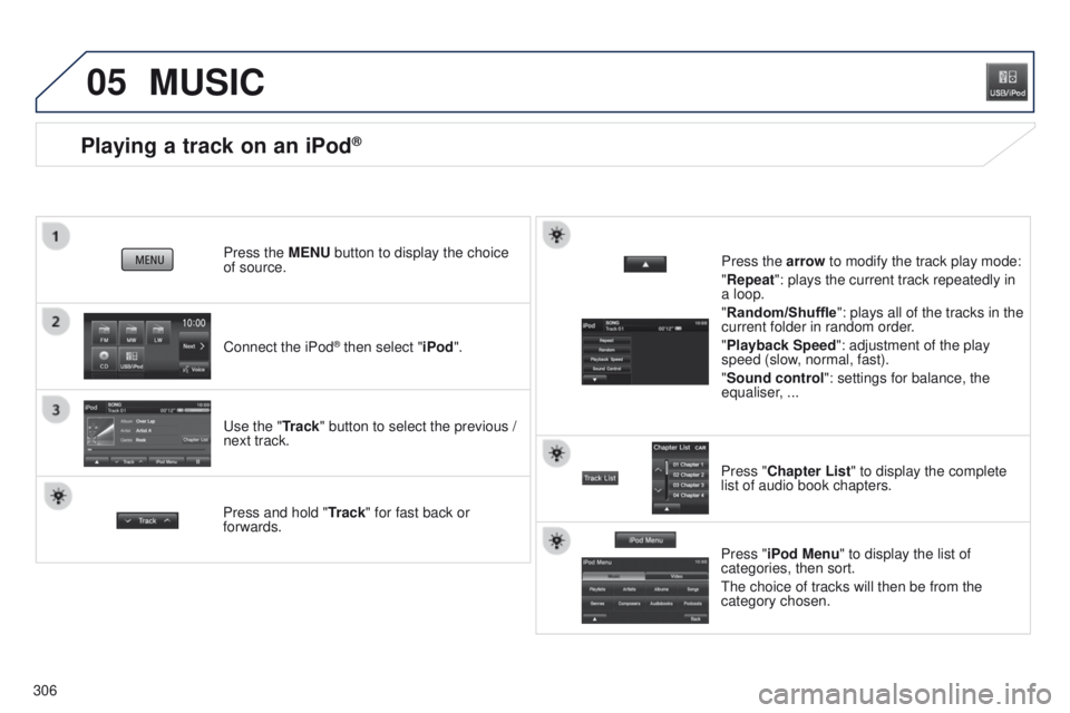 PEUGEOT 4008 2014.5  Owners Manual 05
306
Playing a track on an iPod®
Connect the iPod® then select "iPod".
Press the MENU button to display the choice 
of
 
source.
u

se the "Track" button to select the previous / 
