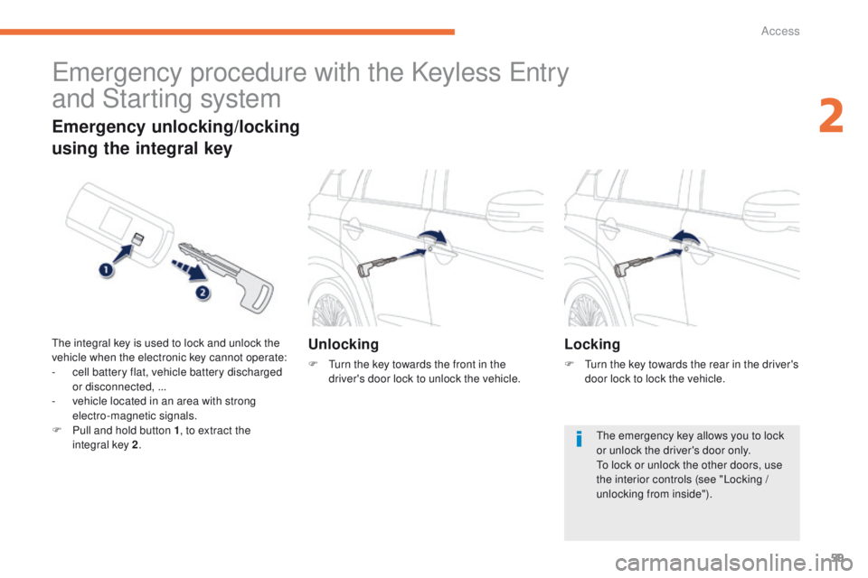 PEUGEOT 4008 2014.5  Owners Manual 59
emergency procedure with the Keyless en try  
and Starting system
Unlocking
F  turn the key towards the front in the 
driver's door lock to unlock the vehicle.
Emergency unlocking/locking
using