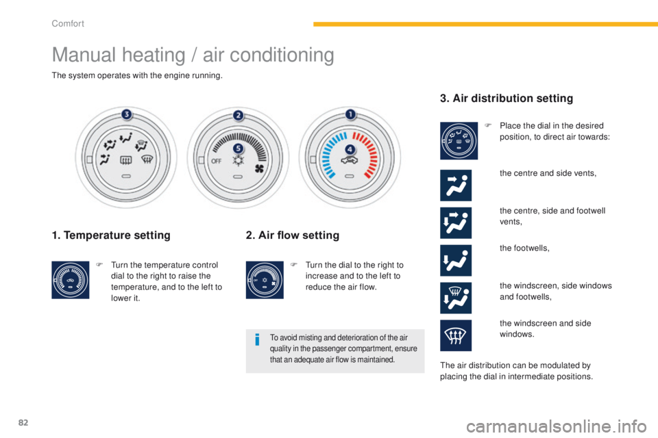 PEUGEOT 4008 2014.5  Owners Manual 82
Manual heating / air conditioning
the system operates with the engine running.
1. Temperature setting
F  turn the temperature control dial to the right to raise the 
temperature, and to the left to