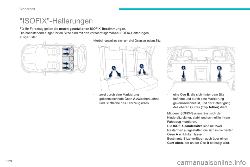 PEUGEOT 4008 2014  Betriebsanleitungen (in German) 170
Sicherheit
   
 
 
 
 
 
 
 
 
 
 
 
 
 
 
 
 
 
 
 
"ISOFIX"-Halterungen 
 
Für Ihr Fahrzeug gelten die  neuen gesetzlichen 
 ISOFIX- Bestimmungen 
. 
  Die nachstehend aufgeführten Sitze sind 