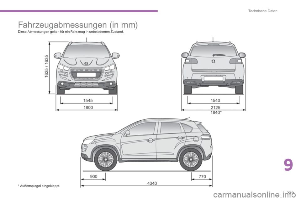PEUGEOT 4008 2014  Betriebsanleitungen (in German) 9
239
Te c h n i s c h e  D a t e n
   
 
 
 
Fahrzeugabmessungen (in mm)  
Diese Abmessungen gelten für ein Fahrzeug in unbeladenem Zustand. 
   
 
 
 
 
* Außenspiegel eingeklappt.  