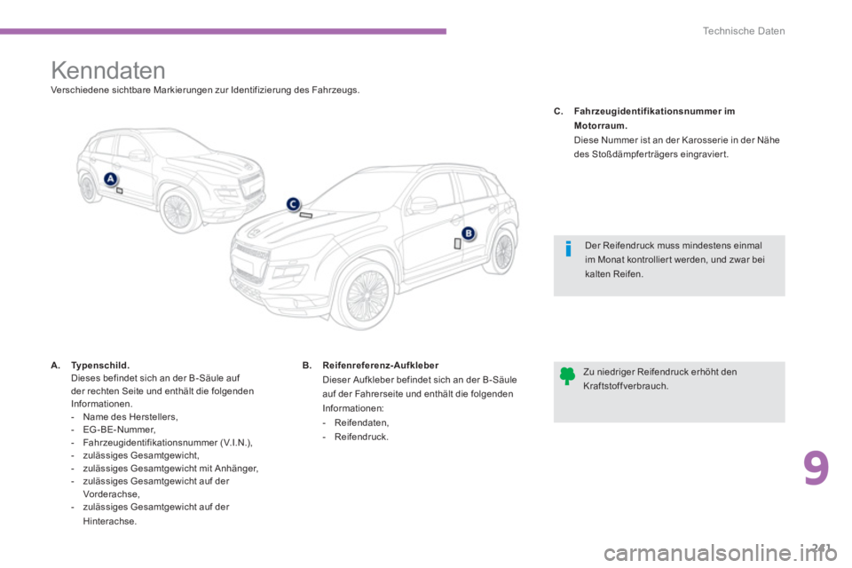 PEUGEOT 4008 2014  Betriebsanleitungen (in German) 9
241
Te c h n i s c h e  D a t e n
   
 
 
 
 
 
 
 
 
 
 
 
 
 
 
 
 
 
 
 
Kenndaten  
Verschiedene sichtbare Markierungen zur Identifizierung des Fahrzeugs.  
   
 
 
A. 
  Ty p e n s c h i l d . 
