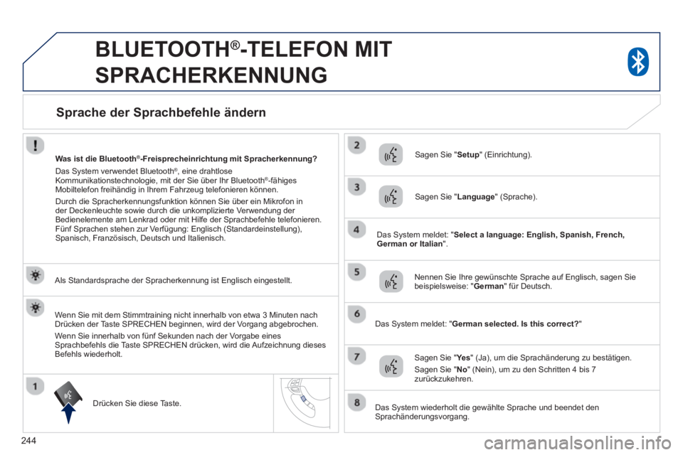 PEUGEOT 4008 2014 Betriebsanleitungen (in German) 244
BLUETOOTH ®
-TELEFON MIT
SPRACHERKENNUNG
Als Standardsprache der Spracherkennung ist Englisch eingestellt.
Drücken Sie diese Taste.
Sagen Sie " Setup
" (Einrichtung) PEUGEOT 4008 2014 Betriebsanleitungen (in German) 244
BLUETOOTH ®
-TELEFON MIT
SPRACHERKENNUNG
Als Standardsprache der Spracherkennung ist Englisch eingestellt.
Drücken Sie diese Taste.
Sagen Sie " Setup
" (Einrichtung)