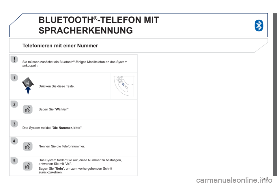 PEUGEOT 4008 2014  Betriebsanleitungen (in German) 249
   
 
 
 
BLUETOOTH ® 
-TELEFON MIT 
SPRACHERKENNUNG 
   
Sagen Sie " Wählen 
".  
   
Das System meldet " Die Nummer, bitte 
".  
 
 
 
 
 
 
 
 
 
 
 
 
 
Telefonieren mit einer Nummer 
 
 
Ne