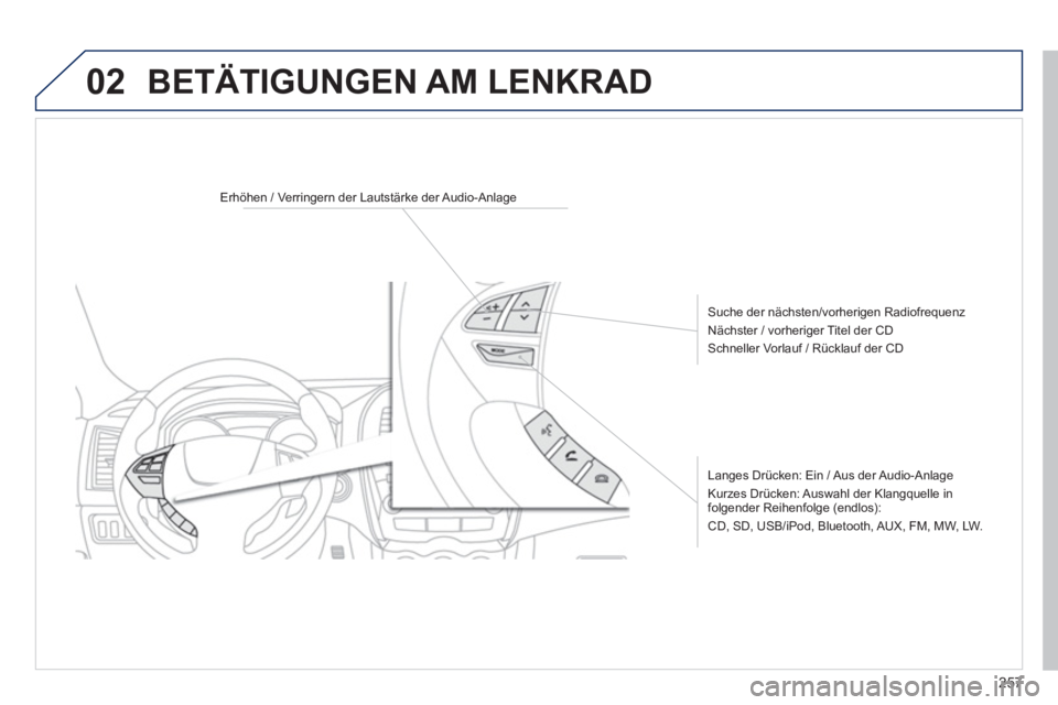 PEUGEOT 4008 2014  Betriebsanleitungen (in German) 257
02
   
 
 
 
 
 
Erhöhen / Verringern der Lautstärke der Audio-Anlage  
   
Suche der nächsten/vorherigen Radiofrequenz 
  Nächster / vorheriger Titel der CD 
  Schneller Vorlauf / Rücklauf d