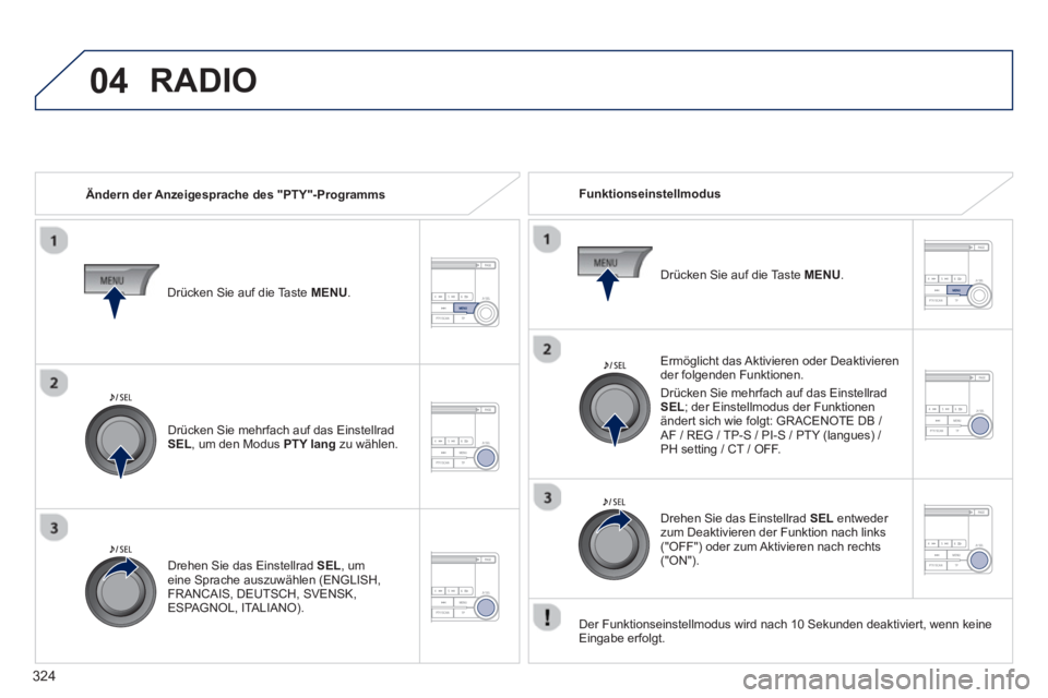 PEUGEOT 4008 2014  Betriebsanleitungen (in German) 324
04  RADIO 
 
 
Ändern der Anzeigesprache des "PTY"-Programms     
Funktionseinstellmodus  
   
Ermöglicht das Aktivieren oder Deaktivieren 
der folgenden Funktionen. 
  Drücken Sie mehrfach auf
