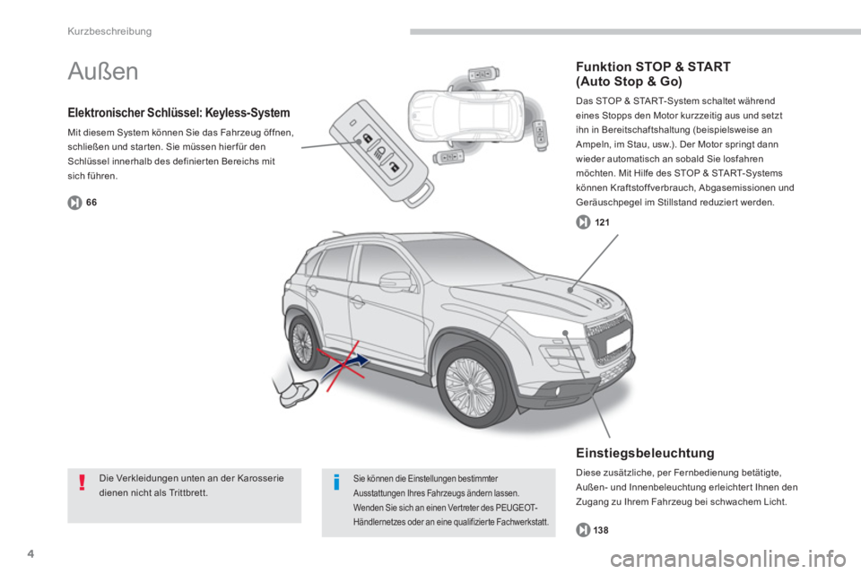 PEUGEOT 4008 2014 Betriebsanleitungen (in German) 4
Kurzbeschreibung
Elektronischer Schlüssel: Keyless-System
Mit diesem System können Sie das Fahrzeug öf fnen,
schließen und star ten. Sie müssen hier für den
Schlüssel innerhalb des d PEUGEOT 4008 2014 Betriebsanleitungen (in German) 4
Kurzbeschreibung
Elektronischer Schlüssel: Keyless-System
Mit diesem System können Sie das Fahrzeug öf fnen,
schließen und star ten. Sie müssen hier für den
Schlüssel innerhalb des d