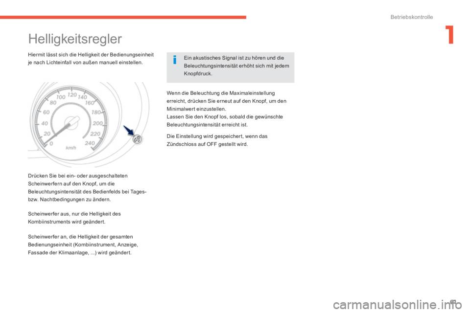 PEUGEOT 4008 2014  Betriebsanleitungen (in German) 1
61
Betriebskontrolle
   
 
 
 
 
Helligkeitsregler 
 
 
Hiermit lässt sich die Helligkeit der Bedienungseinheit 
je nach Lichteinfall von außen manuell einstellen.    
Ein akustisches Signal ist z