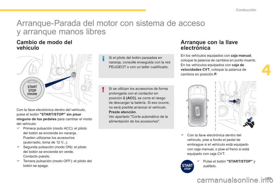 PEUGEOT 4008 2014 Manual del propietario (in Spanish) 109
4
Conducción
Cambio de modo del
vehículo
Con la llave electrónica dentro del vehículo,
pulse el botón "START/STOP"
sin pisar
ninguno de los pedales
para cambiar el modo
del v PEUGEOT 4008 2014 Manual del propietario (in Spanish) 109
4
Conducción
Cambio de modo del
vehículo
Con la llave electrónica dentro del vehículo,
pulse el botón "START/STOP"
sin pisar
ninguno de los pedales
para cambiar el modo
del v